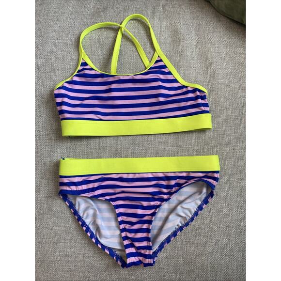 Lands' End Pink Blue Neon Stripe 2 Piece Swimsuit Bikini Girls Size 7 Swimwear - Picture 4 of 5